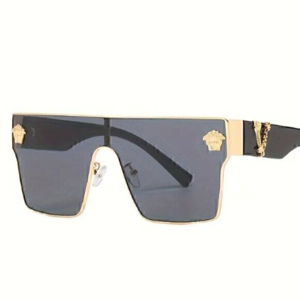 Large one piece Aviator Shades Driving beach Women Men Sunglasses Black Gold